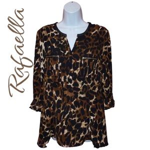 Rafaella Leopard Print Roll Tab Sleeves Trim Tunic Top Women’s Small NWOT